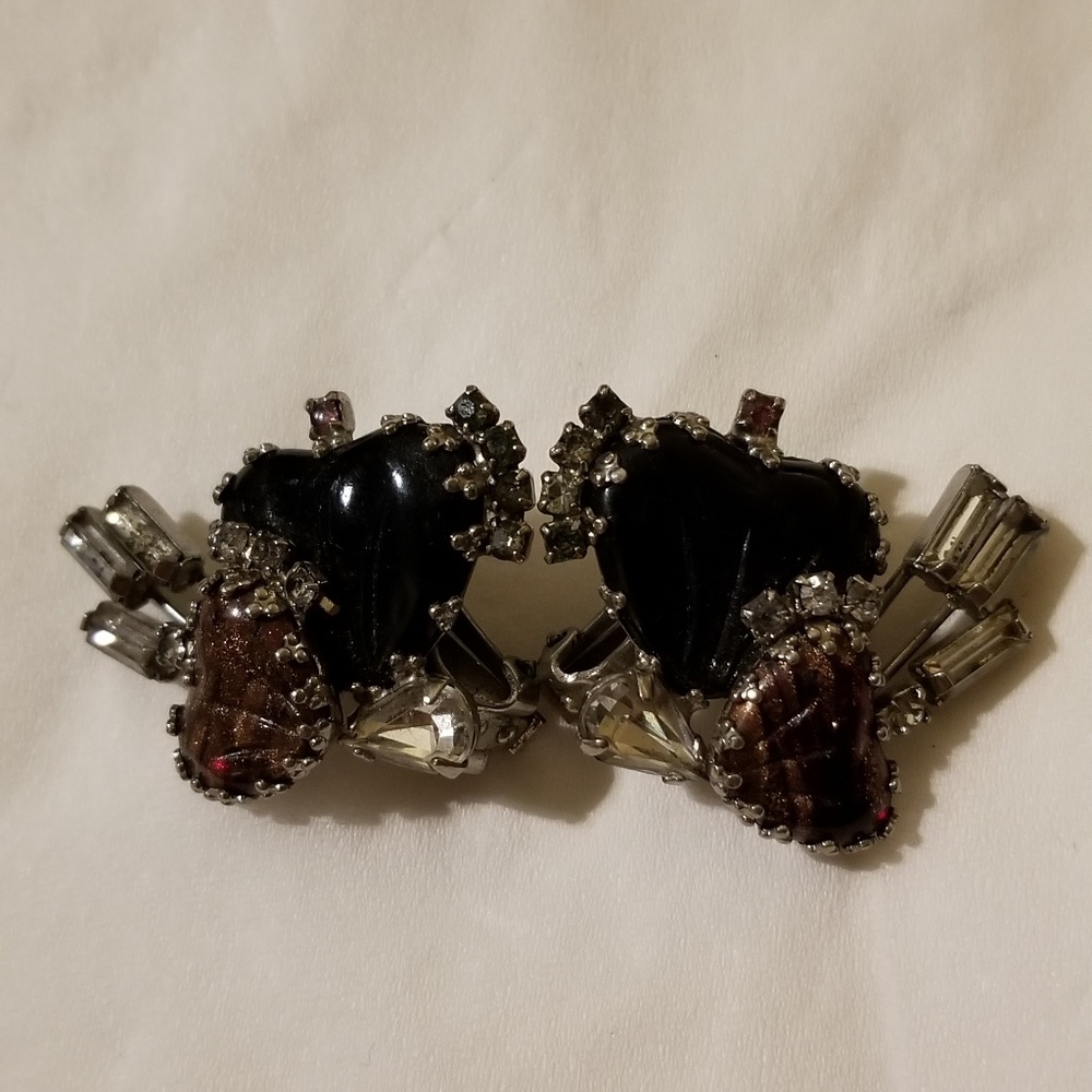 Vintage Hobe crystal heart clip on earrings